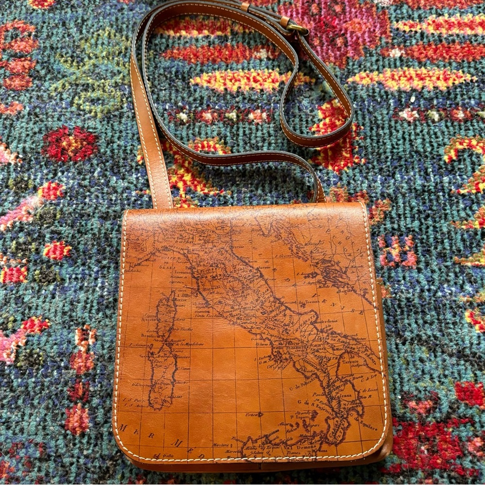 Patricia Nash Granada Italian Tan Leather Map Atlas Print Crossbody Bag Purse
